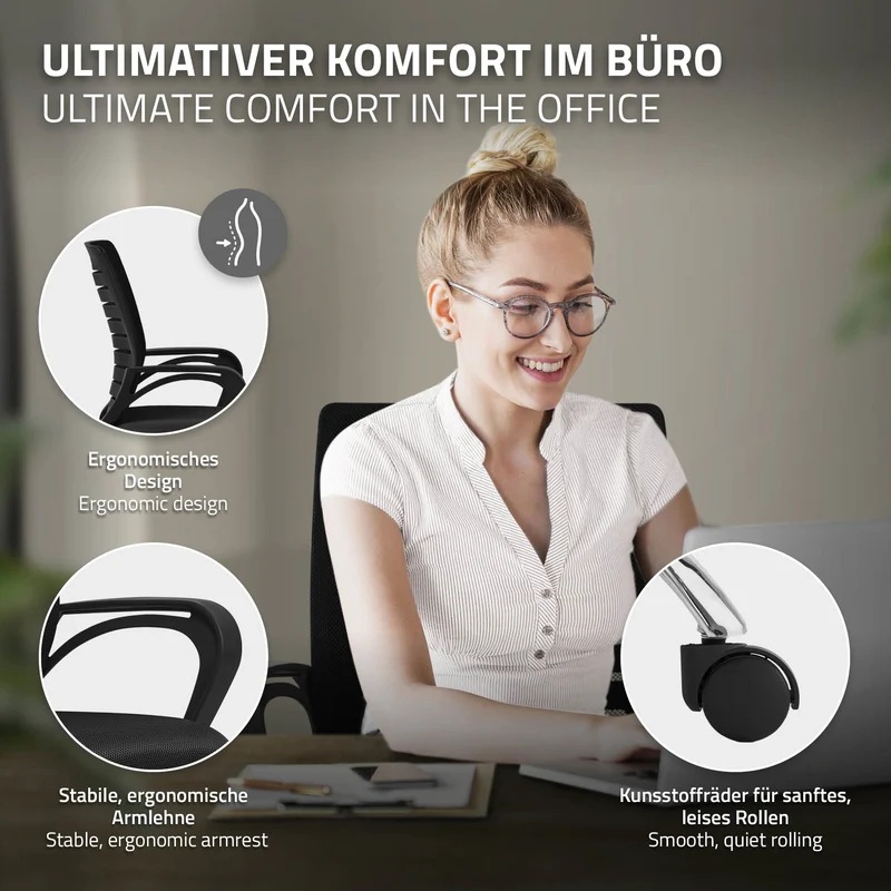 Ergonomischer Bürostuhl mit Armlehnen Netzgewebe Schwarz mit Rollen ML-Design