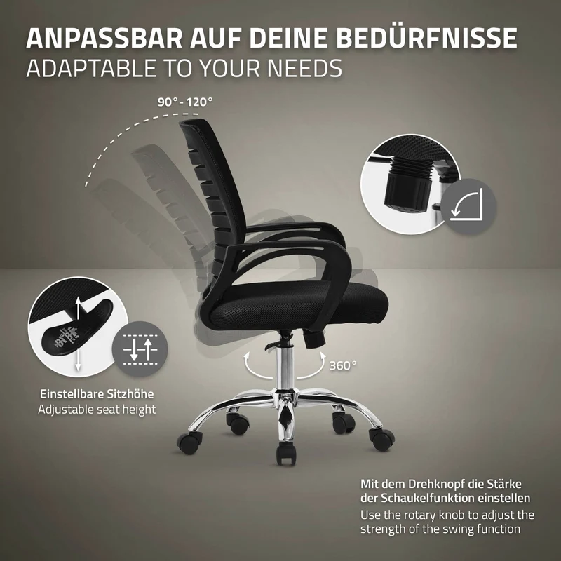 Ergonomischer Bürostuhl mit Armlehnen Netzgewebe Schwarz mit Rollen ML-Design