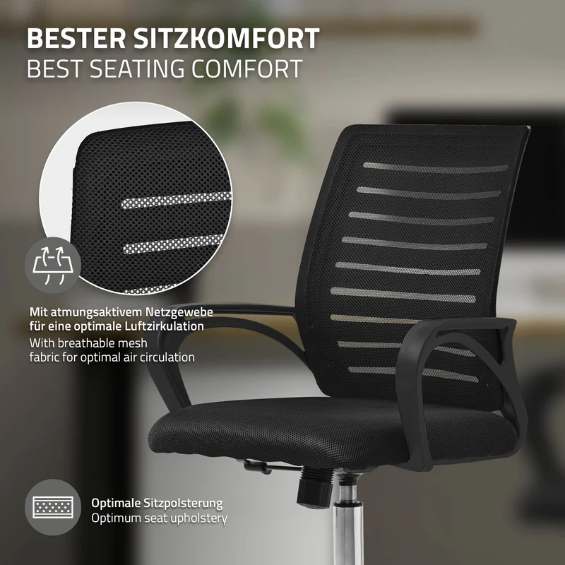 Ergonomischer Bürostuhl mit Armlehnen Netzgewebe Schwarz mit Rollen ML-Design