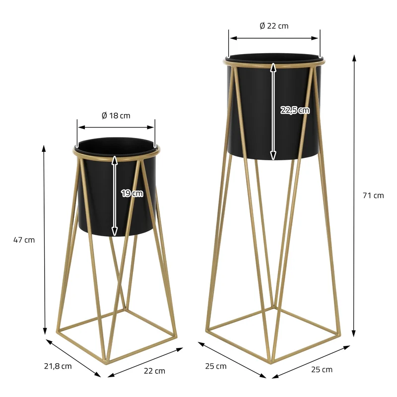 2er Set Blumenständer 21,8x22x47 / 25x25x71 cm Schwarz/Gold aus Stahl ML-Design
