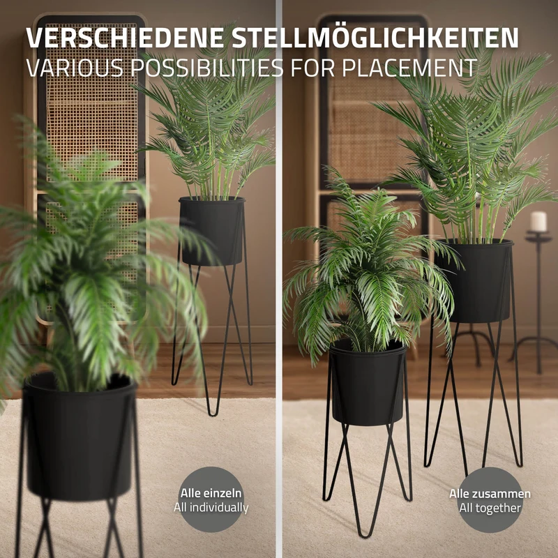 2er Set Blumenständer 27x27x48,5 / 35,5x34x75 cm Schwarz aus Stahl ML-Design