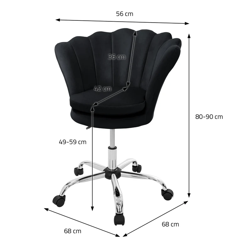Bürostuhl mit Rollen und Rückenlehne Muscheldesign 68x68 cm Schwarz aus Samt Schminktisch Stuhl ML-Design