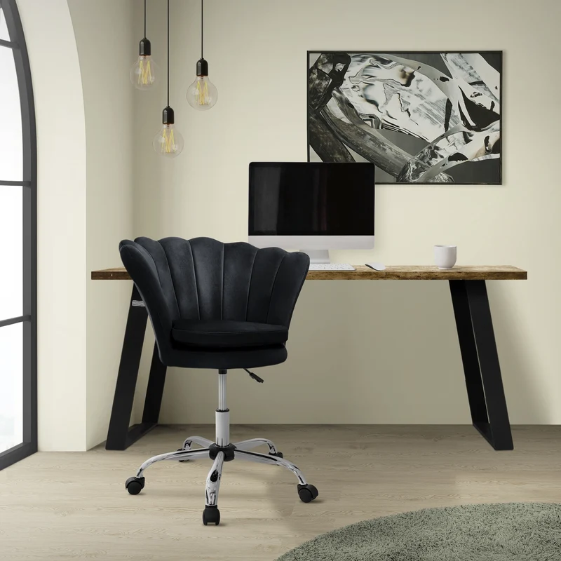 Bürostuhl mit Rollen und Rückenlehne Muscheldesign 68x68 cm Schwarz aus Samt Schminktisch Stuhl ML-Design