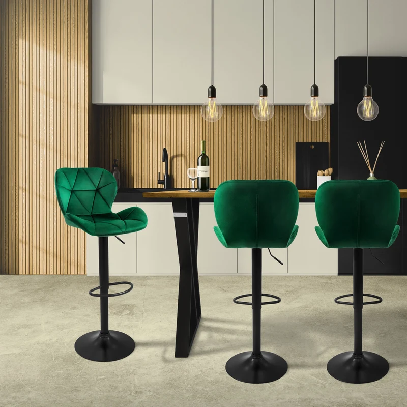 Barhocker 2er Set Grün Samtbezug mit Rückenlehne und Fußstütze höhenverstellbar 59-79cm ML-Design