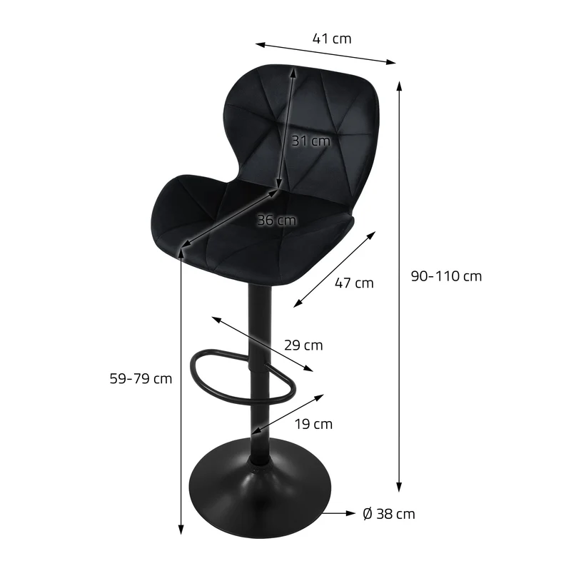 Barhocker 2er Set Schwarz Samtbezug mit Rückenlehne und Fußstütze höhenverstellbar 59-79cm ML-Design