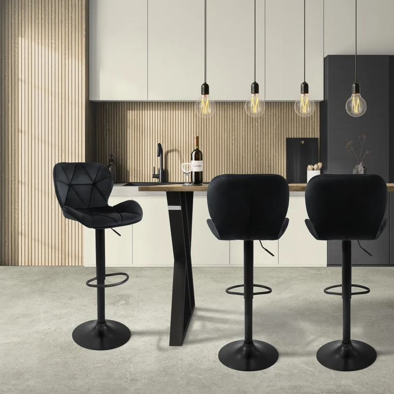 Barhocker 2er Set Schwarz Samtbezug mit Rückenlehne und Fußstütze höhenverstellbar 59-79cm ML-Design
