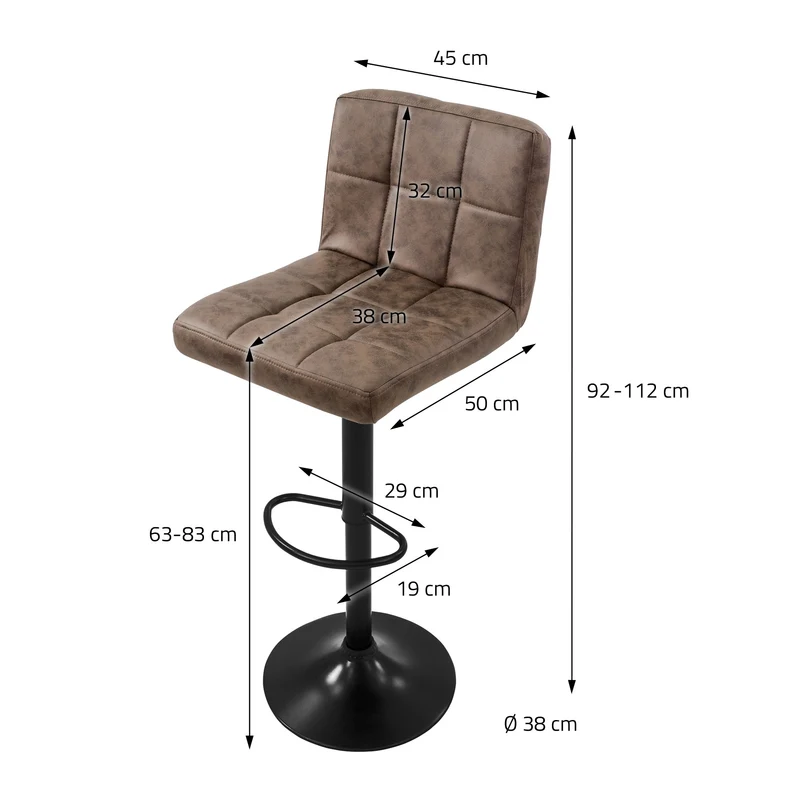Barhocker 2er Set Braun Kunstlederbezug mit Rückenlehne und Fußstütze höhenverstellbar 63-83cm ML-Design