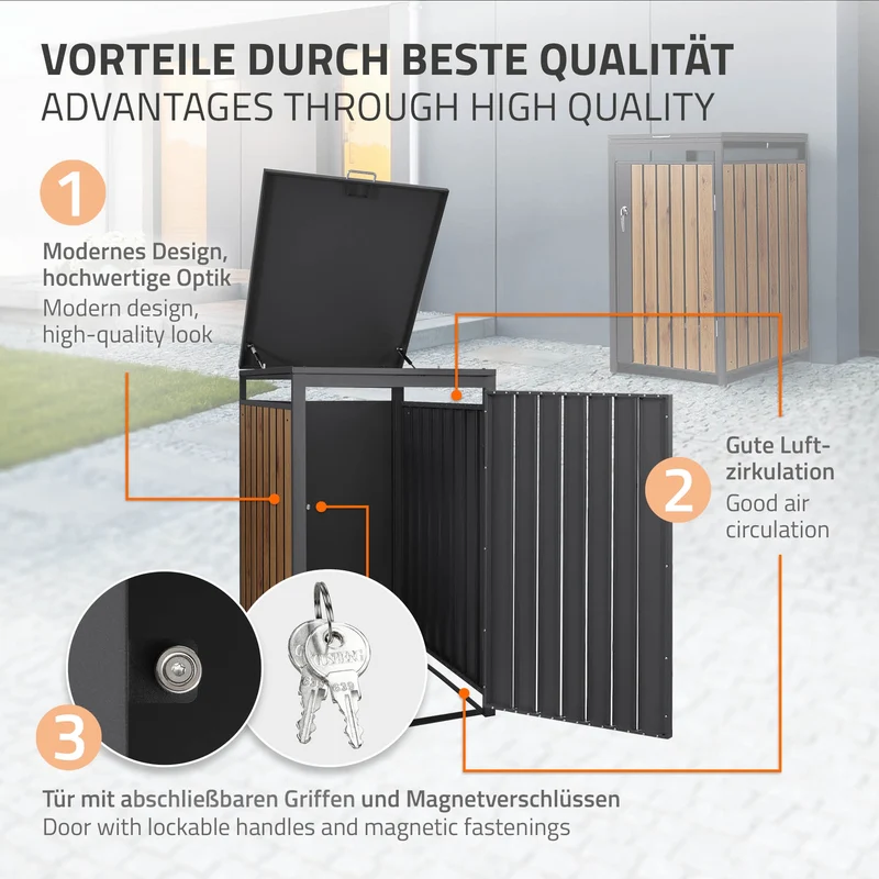 Mülltonnenbox 1er bis 240L 68x80x120 cm aus Stahl in Eichenoptik ML-Design