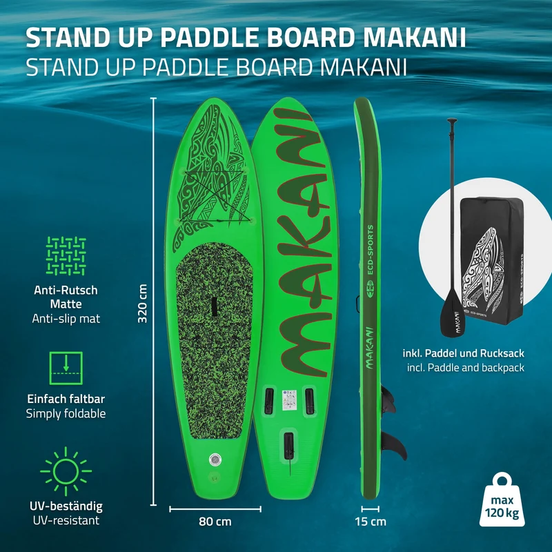 Stand Up Paddle aufblasbares SUP Board Makani 320x80x15 cm in Grün aus PVC inkl. Pumpe und Tragetasche