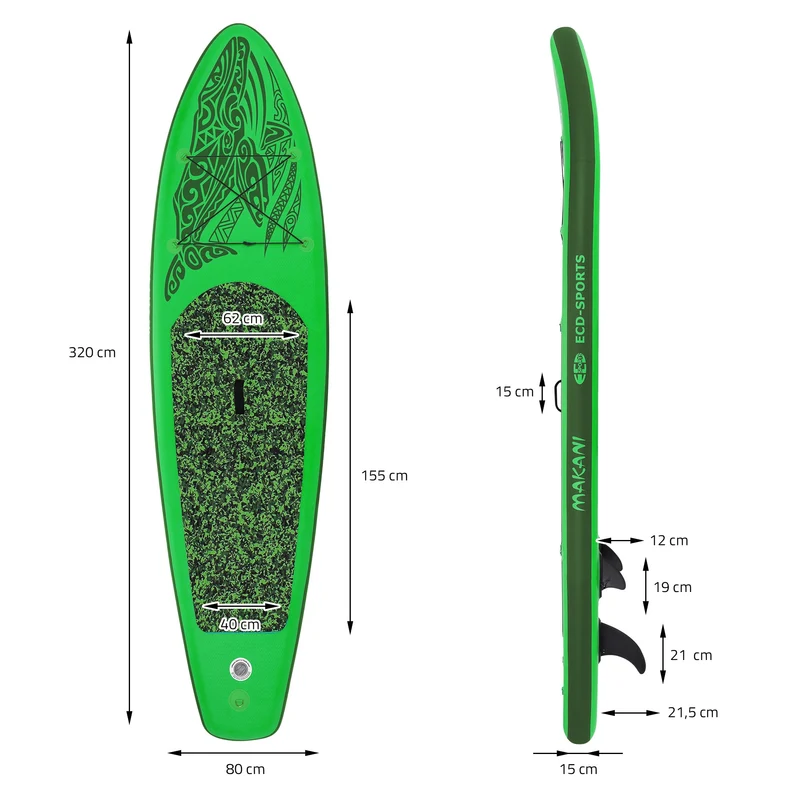 Stand Up Paddle aufblasbares SUP Board Makani 320x80x15 cm in Grün aus PVC inkl. Pumpe und Tragetasche