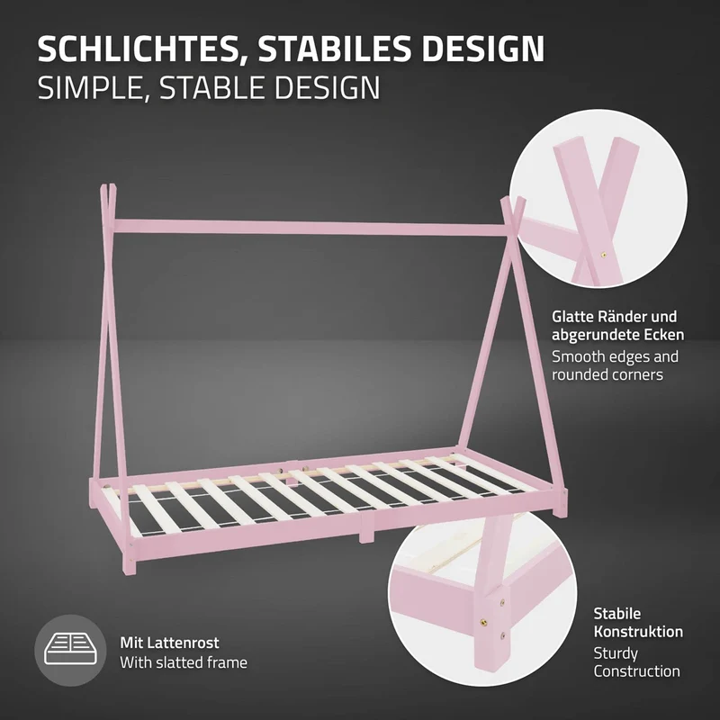 Kinderbett Tipi 90x200 cm Rosa aus Kiefernholz Holzbett mit Lattenrost ML-Design