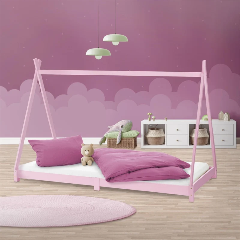 Kinderbett Tipi 90x200 cm Rosa aus Kiefernholz Holzbett mit Lattenrost ML-Design
