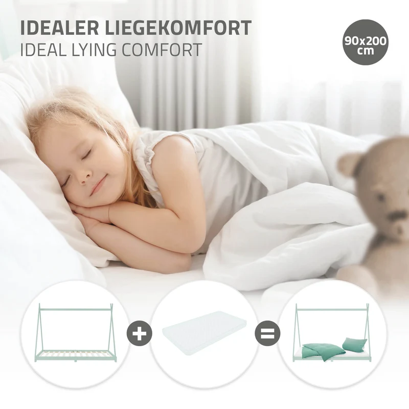 Kinderbett Tipi 90x200 cm Minze aus Kiefernholz Holzbett mit Lattenrost ML-Design