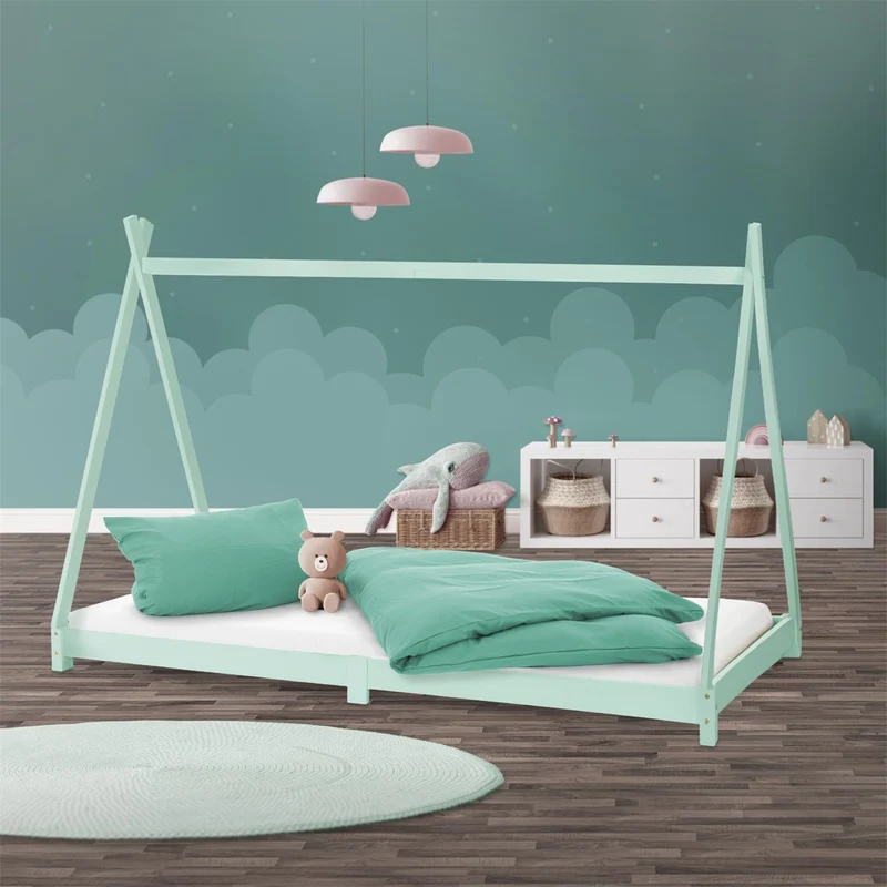 Kinderbett Tipi 90x200 cm Minze aus Kiefernholz Holzbett mit Lattenrost ML-Design