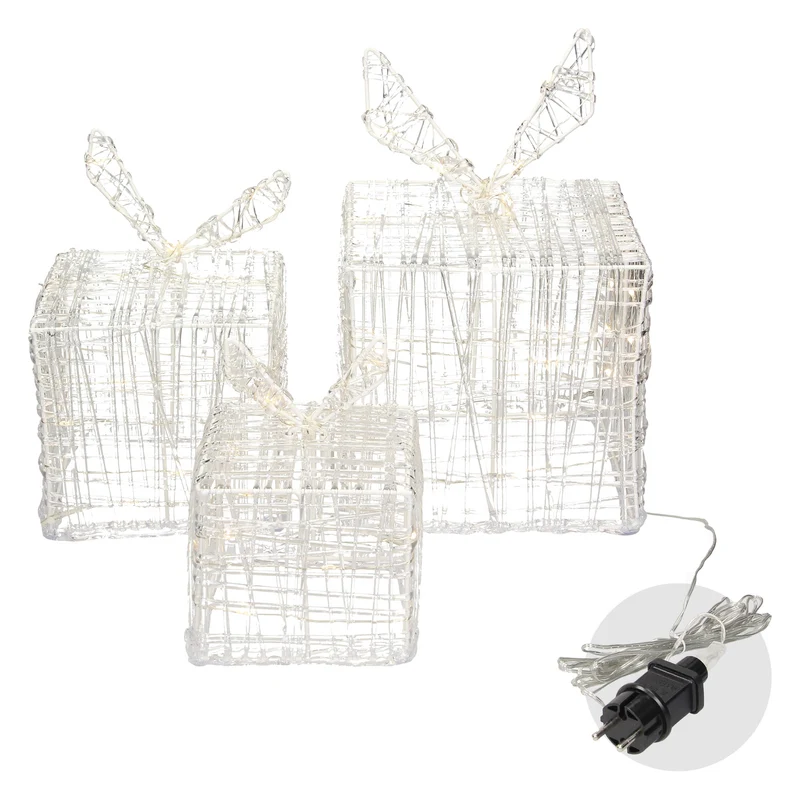 LED Geschenkboxen 3er Set mit 90 LEDs Warmweiß Metallgestell IP44 mit Netzstecker
