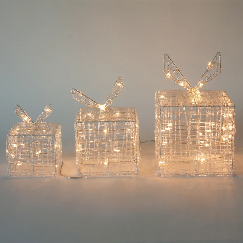 LED Geschenkboxen 3er Set mit 90 LEDs Warmweiß Metallgestell IP44 mit Netzstecker