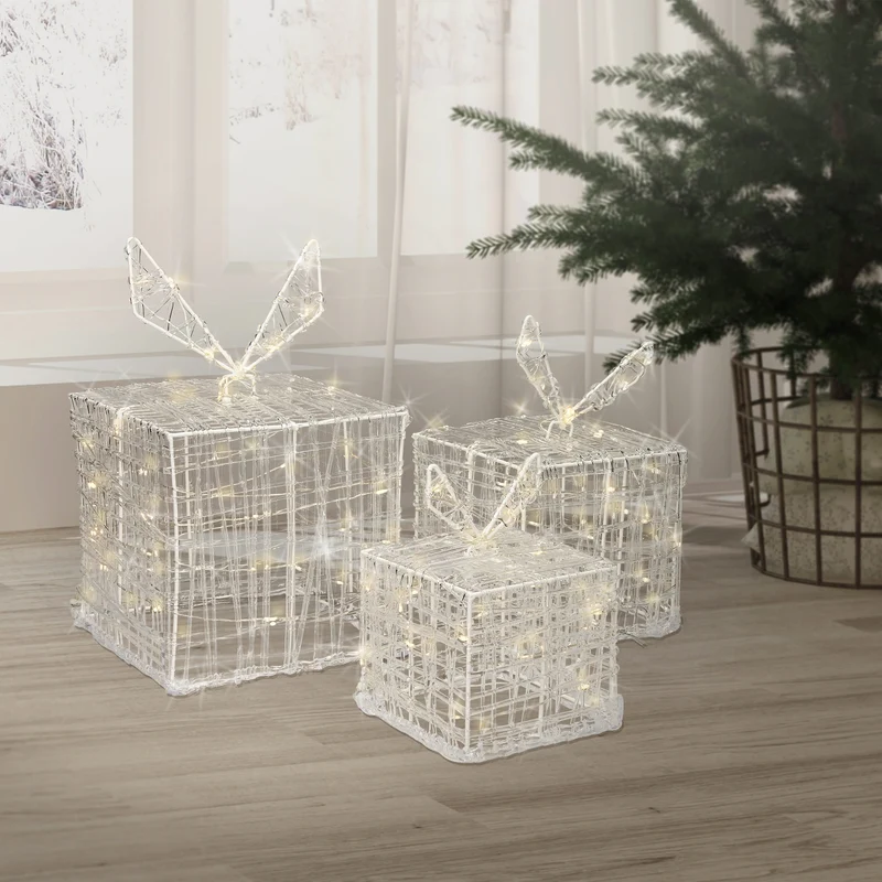 LED Geschenkboxen 3er Set mit 90 LEDs Warmweiß Metallgestell IP44 mit Netzstecker
