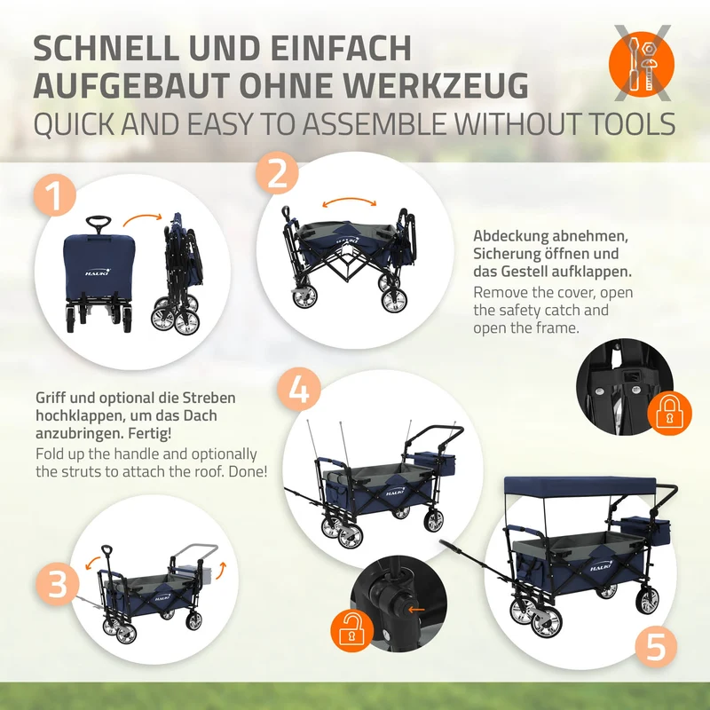HAUKI | Bollerwagen XXL faltbar mit Dach und Tasche bis 120 kg aus Stahl Blau-Grau Transportwagen Handwagen klappbar für Kinder Picknick & Camping
