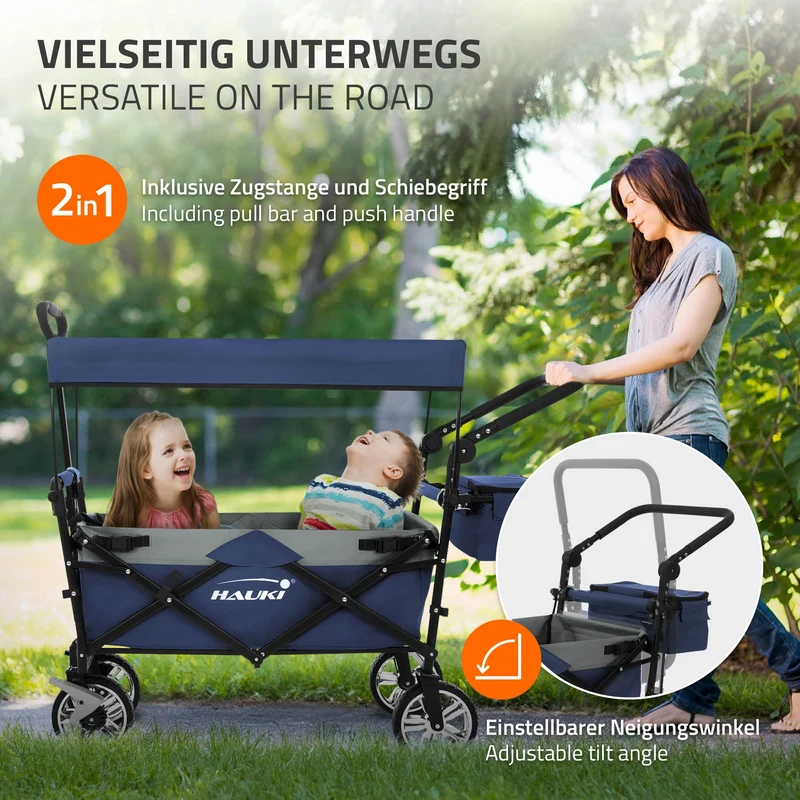 HAUKI | Bollerwagen XXL faltbar mit Dach und Tasche bis 120 kg aus Stahl Blau-Grau Transportwagen Handwagen klappbar für Kinder Picknick & Camping