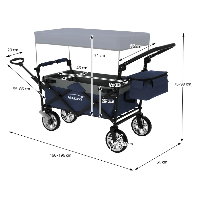 HAUKI | Bollerwagen XXL faltbar mit Dach und Tasche bis 120 kg aus Stahl Blau-Grau Transportwagen Handwagen klappbar für Kinder Picknick & Camping