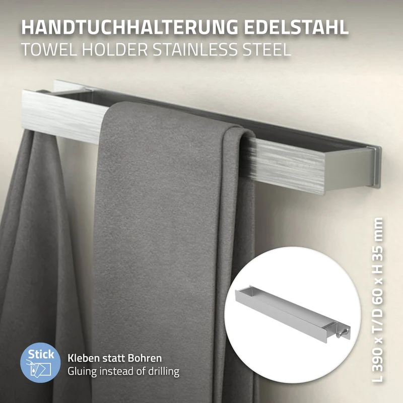 Handtuchhalter zum Kleben ohne Bohren mit Haken 42 cm Silber aus Edelstahl ML-Design