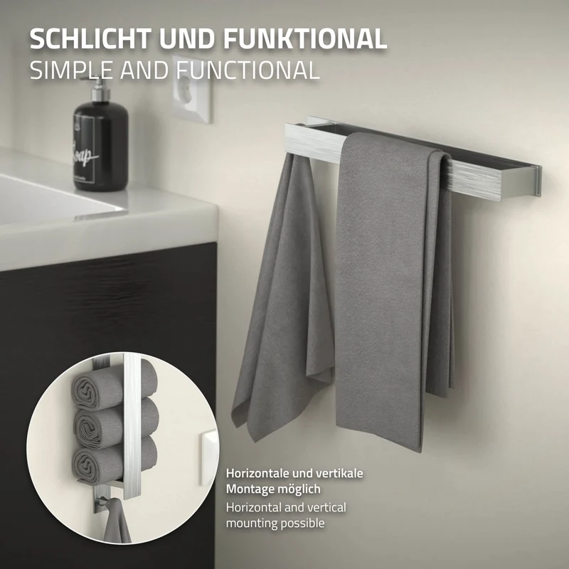 Handtuchhalter zum Kleben ohne Bohren mit Haken 42 cm Silber aus Edelstahl ML-Design