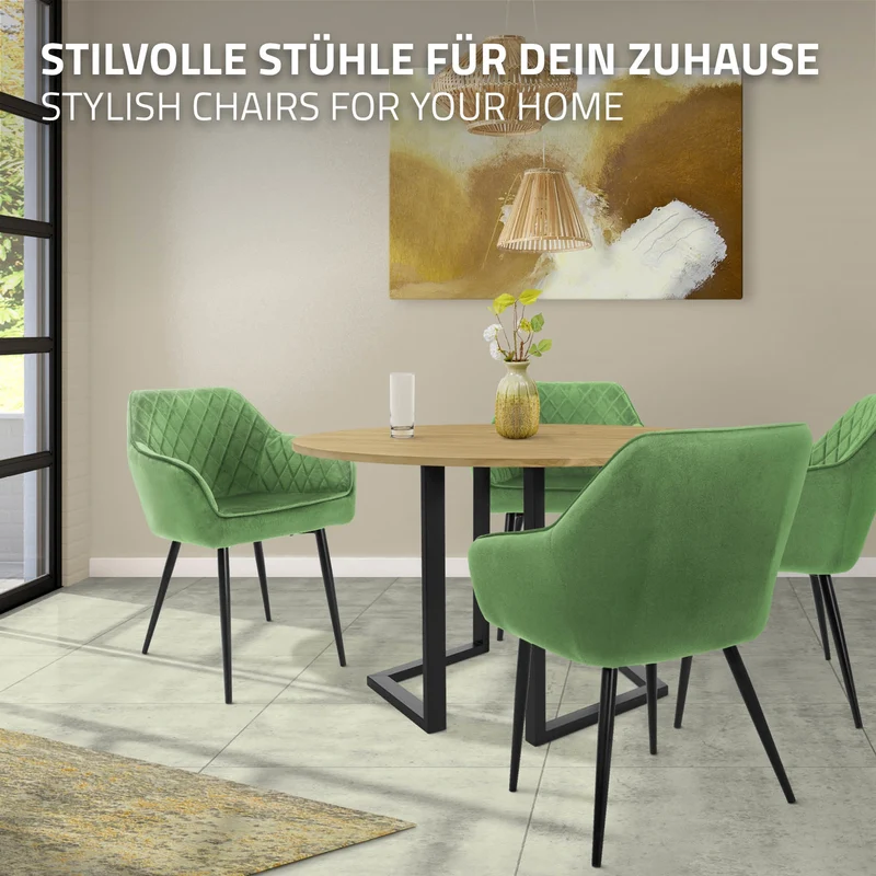 Esszimmerstuhl 4er Set Rauten Steppung mit Rücken- und Armlehnen Salbei Küchenstuhl mit Microfaser-Samtbezug ML-Design