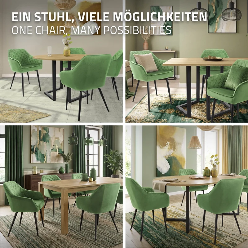 Esszimmerstuhl 4er Set Rauten Steppung mit Rücken- und Armlehnen Salbei Küchenstuhl mit Microfaser-Samtbezug ML-Design