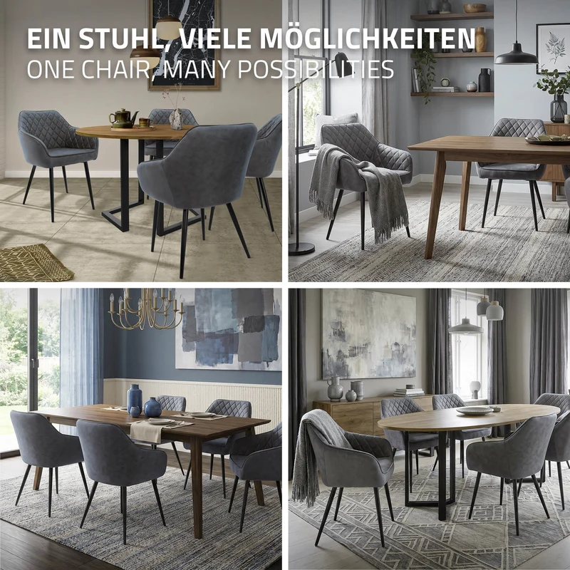 Esszimmerstuhl 6er Set Rauten Steppung mit Rücken- und Armlehnen Anthrazit Küchenstuhl mit Kunstleder Bezug ML-Design