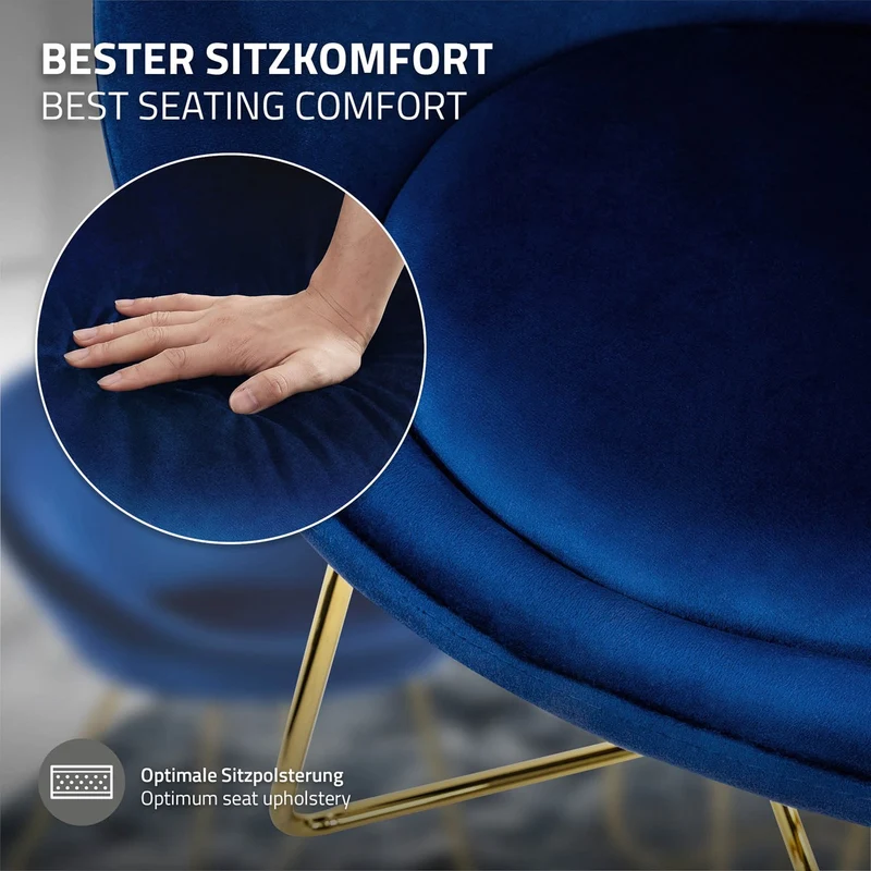 Esszimmerstuhl mit runder Rückenlehne Blau aus Samt mit goldenen Metallbeinen ML-Design