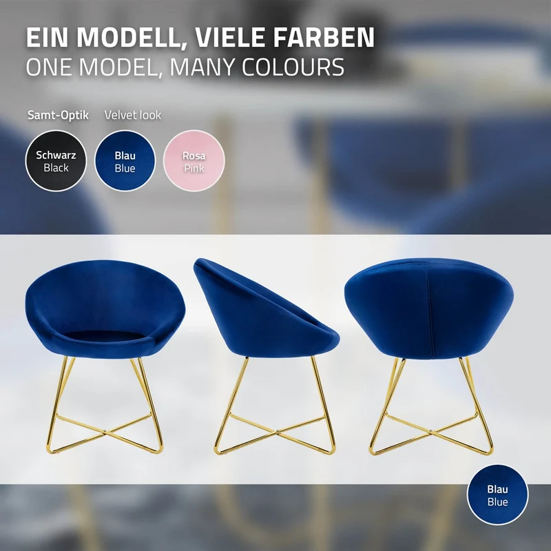 Esszimmerstuhl mit runder Rückenlehne Blau aus Samt mit goldenen Metallbeinen ML-Design