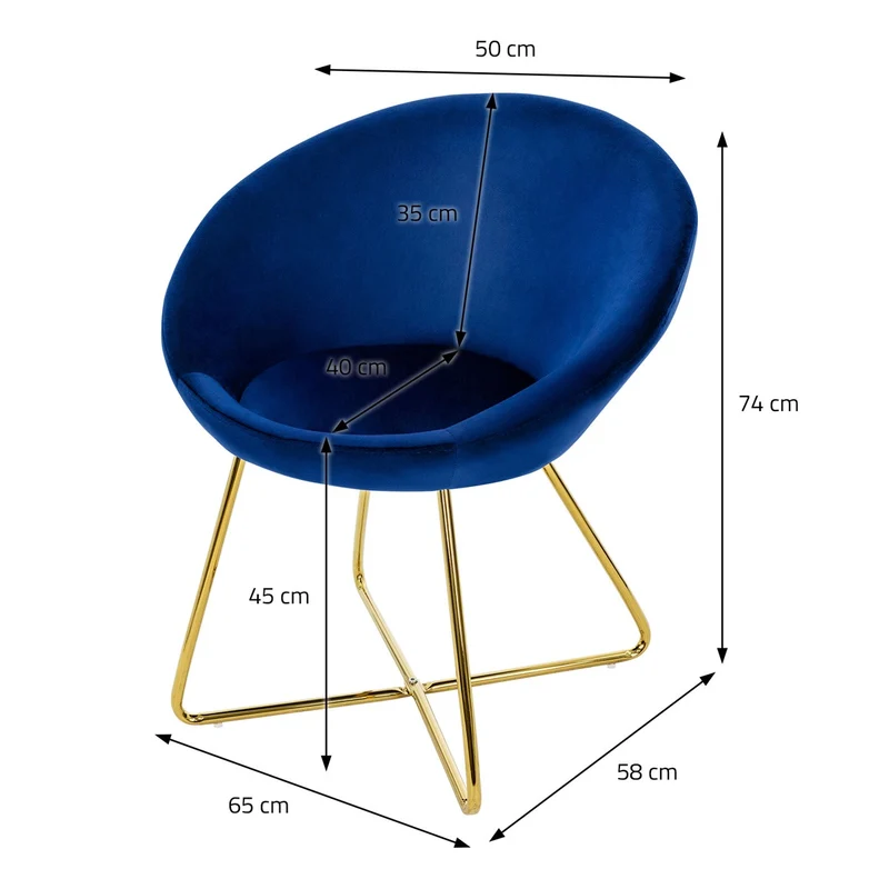 Esszimmerstuhl mit runder Rückenlehne Blau aus Samt mit goldenen Metallbeinen ML-Design