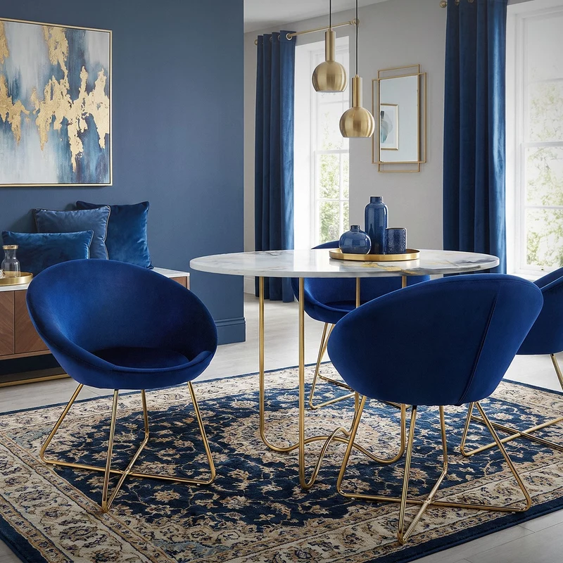 Esszimmerstuhl mit runder Rückenlehne Blau aus Samt mit goldenen Metallbeinen ML-Design