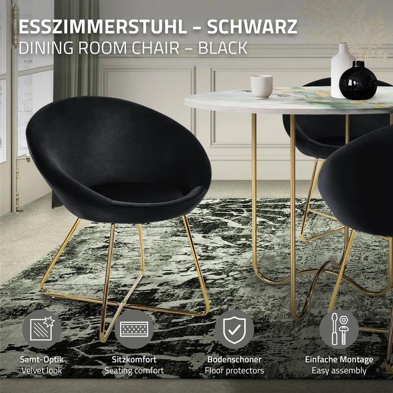 Esszimmerstuhl mit runder Rückenlehne Schwarz aus Samt mit goldenen Metallbeinen ML-Design