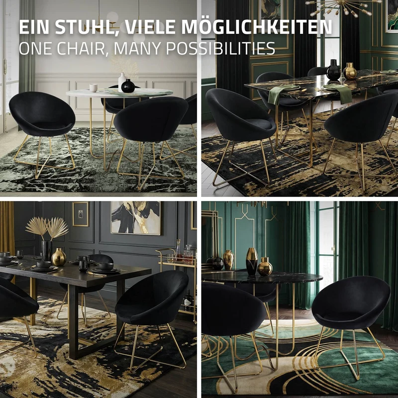 Esszimmerstuhl mit runder Rückenlehne Schwarz aus Samt mit goldenen Metallbeinen ML-Design