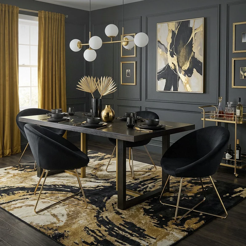 Esszimmerstuhl mit runder Rückenlehne Schwarz aus Samt mit goldenen Metallbeinen ML-Design