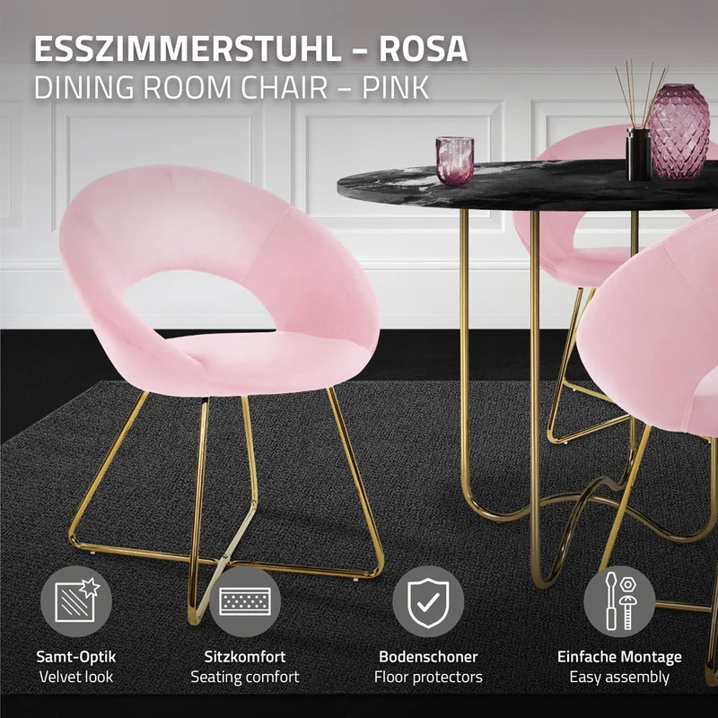 Esszimmerstuhl mit runder offener Rückenlehne Rosa aus Samt mit goldenen Metallbeinen ML-Design