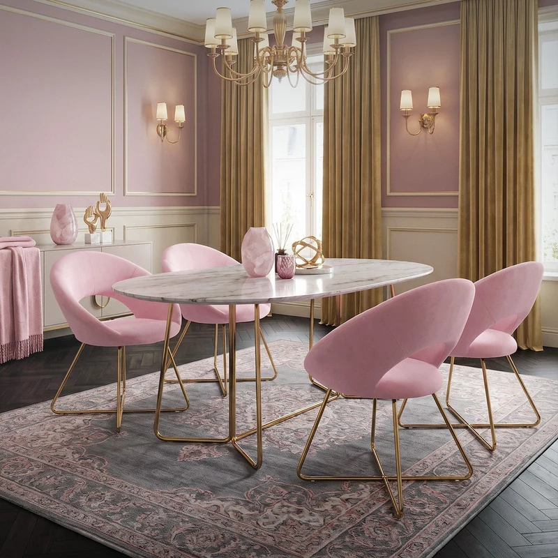 Esszimmerstuhl mit runder offener Rückenlehne Rosa aus Samt mit goldenen Metallbeinen ML-Design