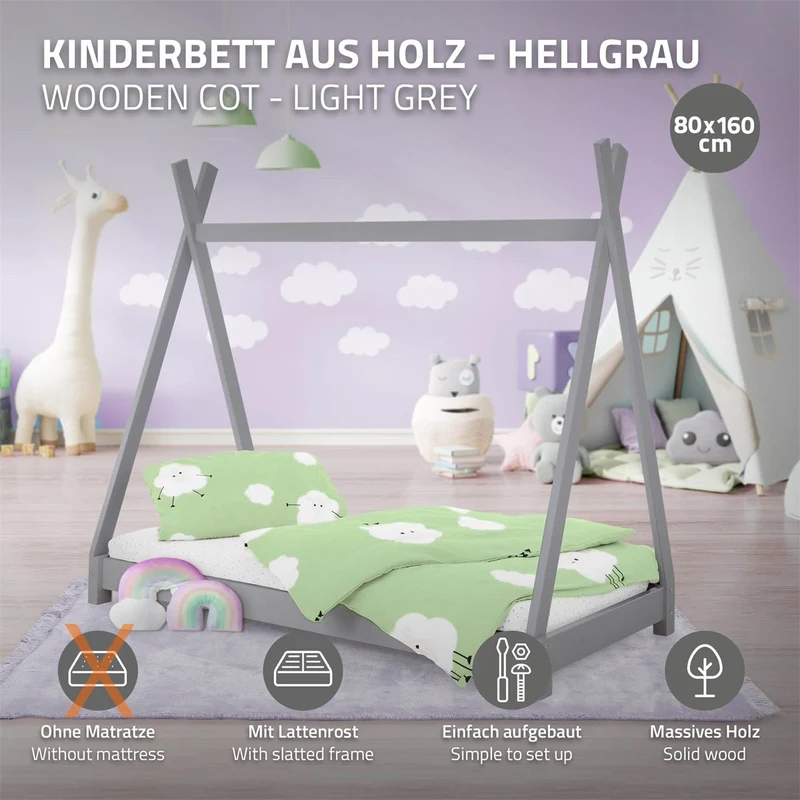 Kinderbett Tipi 80x160 cm Hellgrau aus Kiefernholz Holzbett mit Lattenrost ML-Design