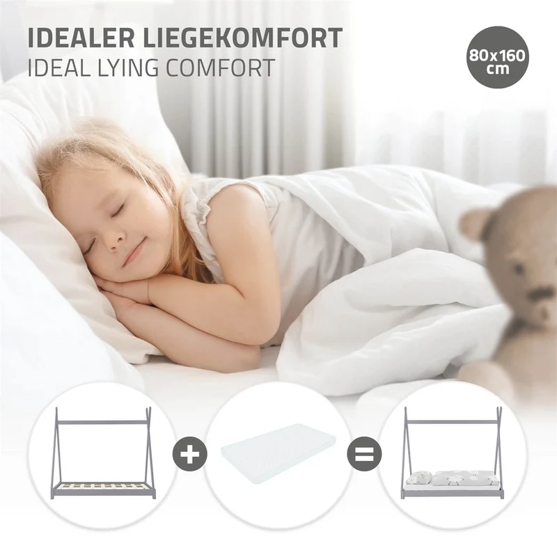 Kinderbett Tipi 80x160 cm Hellgrau aus Kiefernholz Holzbett mit Lattenrost ML-Design