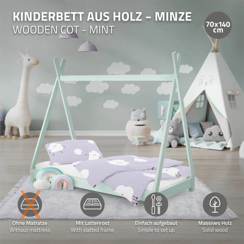 Kinderbett Tipi 70x140 cm Minze aus Kiefernholz Holzbett mit Lattenrost ML-Design