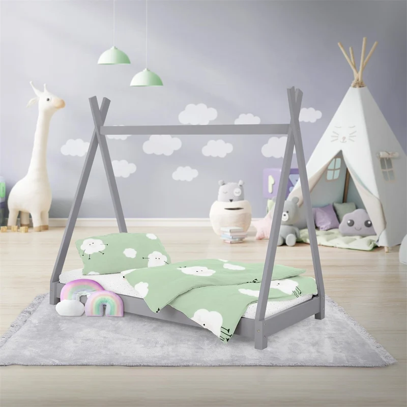 Kinderbett Tipi 70x140 cm Hellgrau aus Kiefernholz Holzbett mit Lattenrost ML-Design