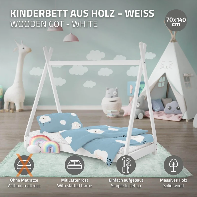 Kinderbett Tipi 70x140 cm Weiß aus Kiefernholz Holzbett mit Lattenrost ML-Design
