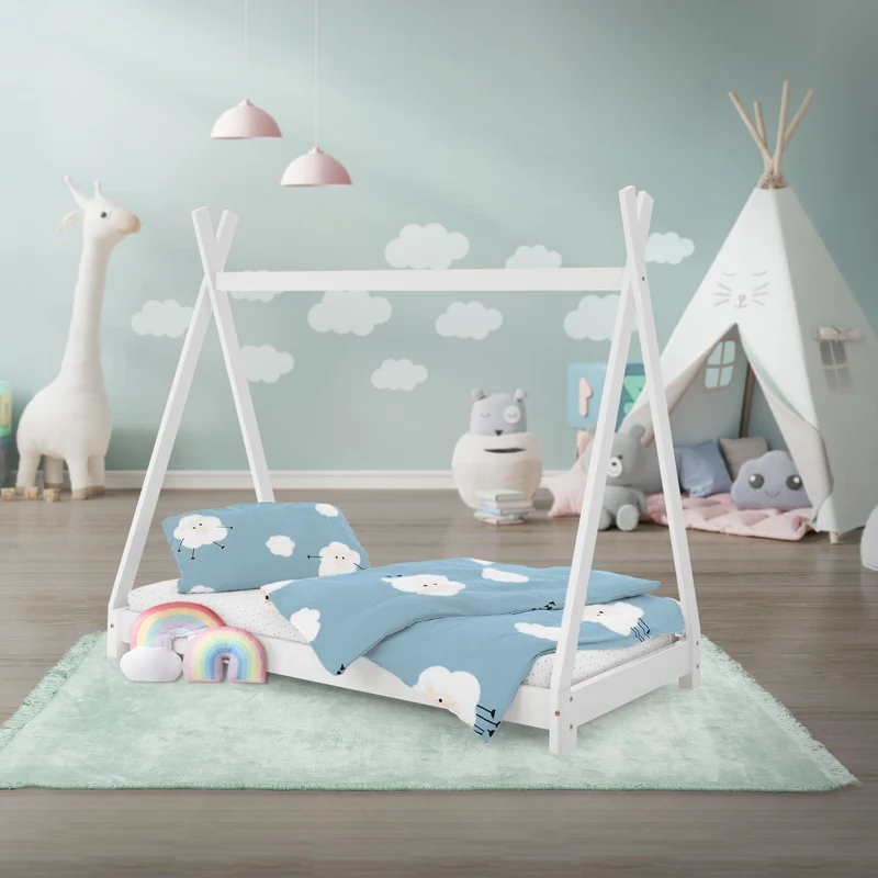 Kinderbett Tipi 70x140 cm Weiß aus Kiefernholz Holzbett mit Lattenrost ML-Design