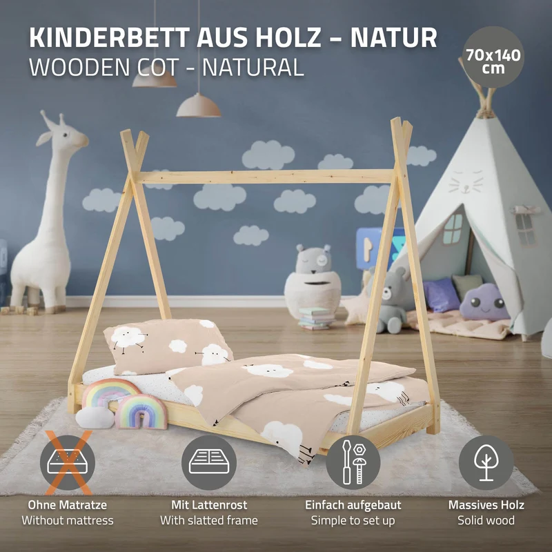 Kinderbett Tipi 70x140 cm aus Kiefernholz Holzbett mit Lattenrost ML-Design