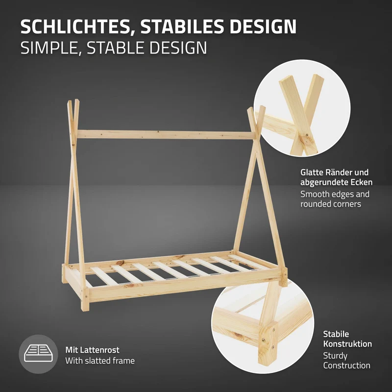 Kinderbett Tipi 70x140 cm aus Kiefernholz Holzbett mit Lattenrost ML-Design