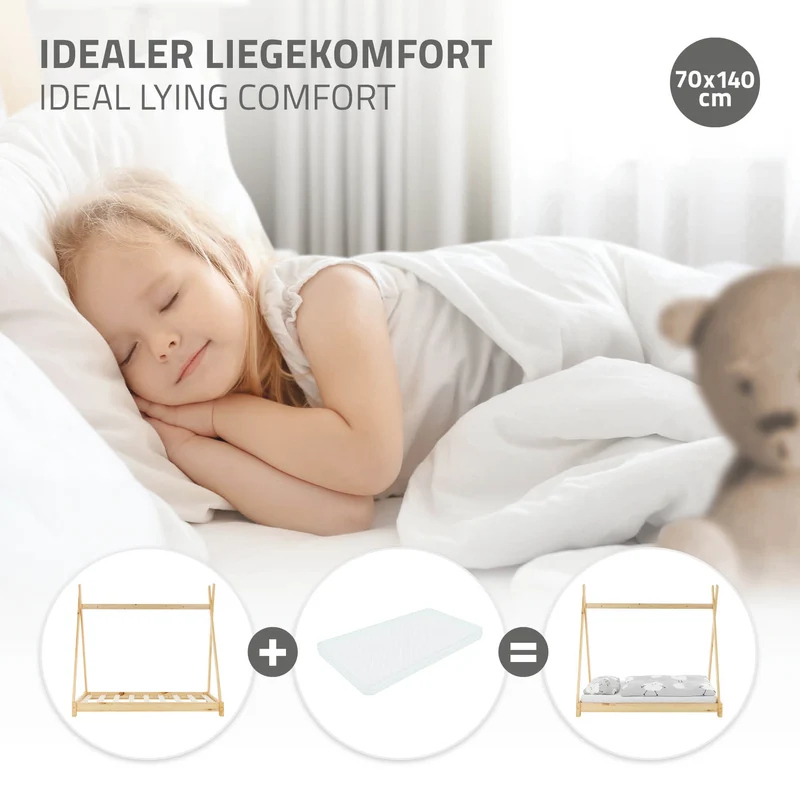 Kinderbett Tipi 70x140 cm aus Kiefernholz Holzbett mit Lattenrost ML-Design