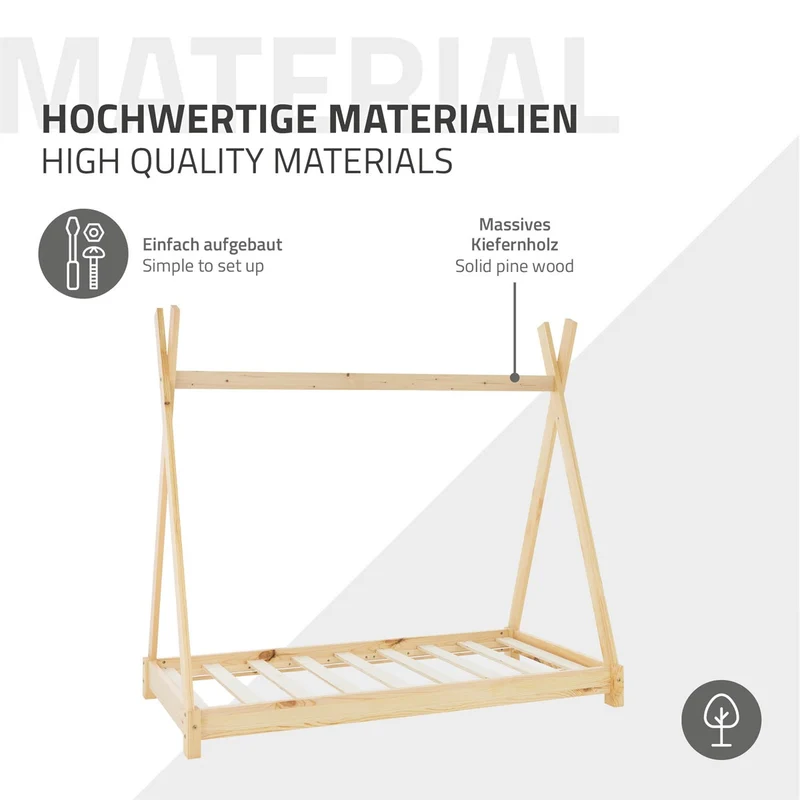 Kinderbett Tipi 70x140 cm aus Kiefernholz Holzbett mit Lattenrost ML-Design