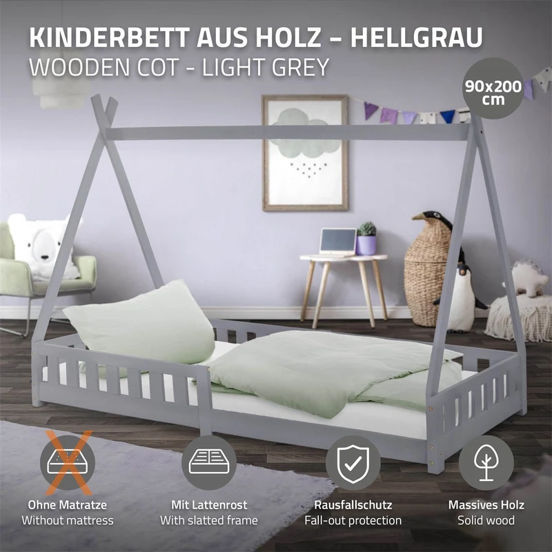 Kinderbett Tipi 90x200 cm Hellgrau aus Kiefernholz mit Rausfallschutz und Lattenrost Holzbett ML-Design