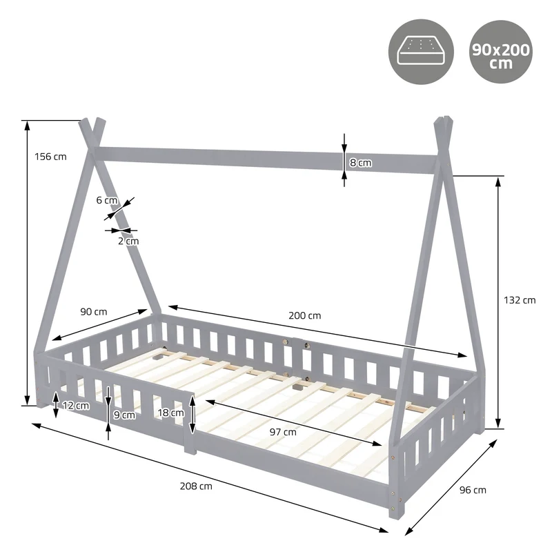 Kinderbett Tipi 90x200 cm Hellgrau aus Kiefernholz mit Rausfallschutz und Lattenrost Holzbett ML-Design